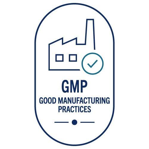 GMP Good Manufacturing Practice certification badge.