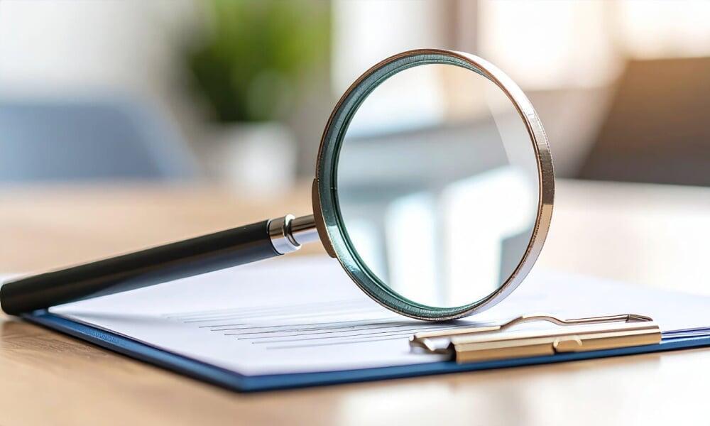 Magnifying glass over a document on a clipboard, representing label review services.