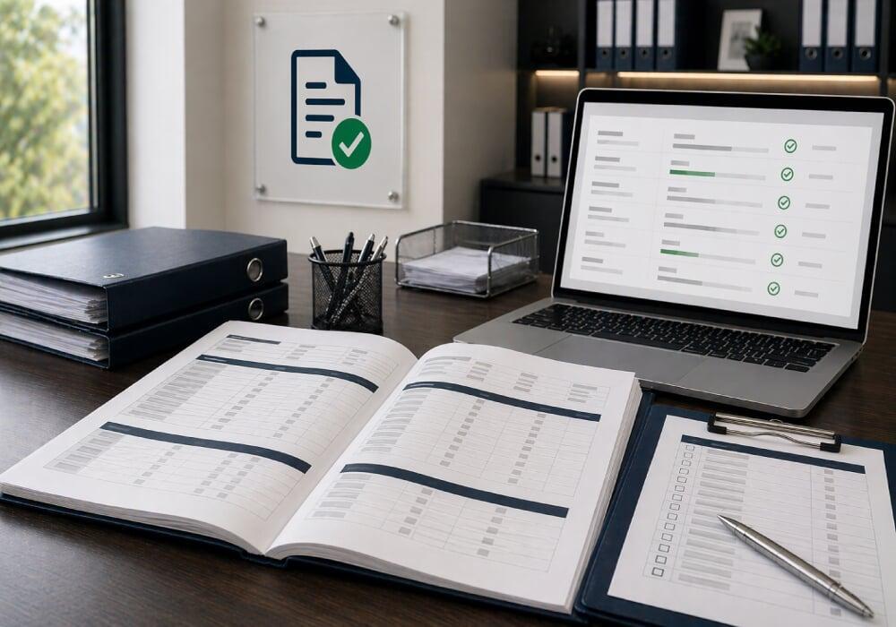 Desk with laptop, binders, an d compliance documents, representing FCE registration and SID filing support.