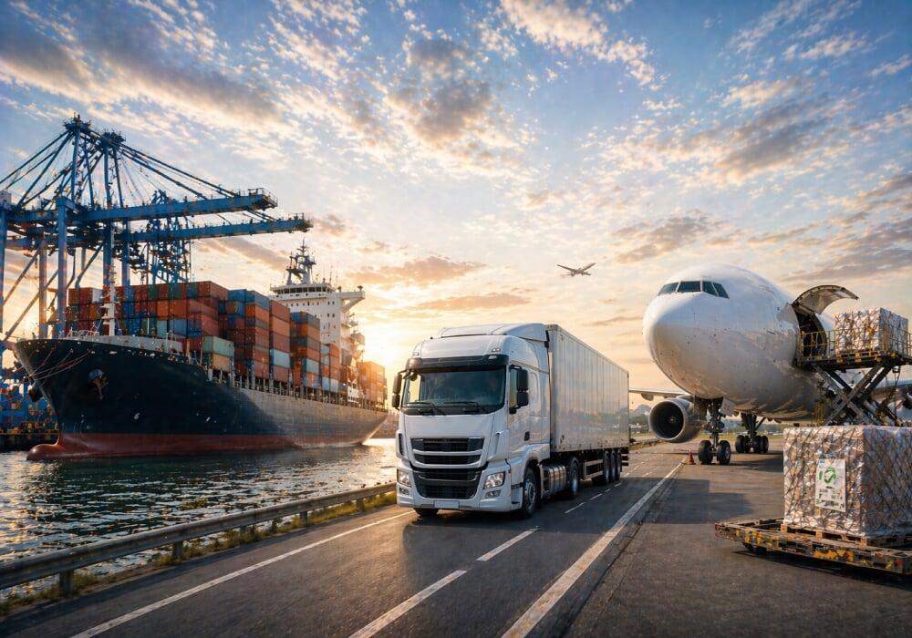 Cargo ship, truck, and airplane, representing FDA prior notice for imported food shipments.