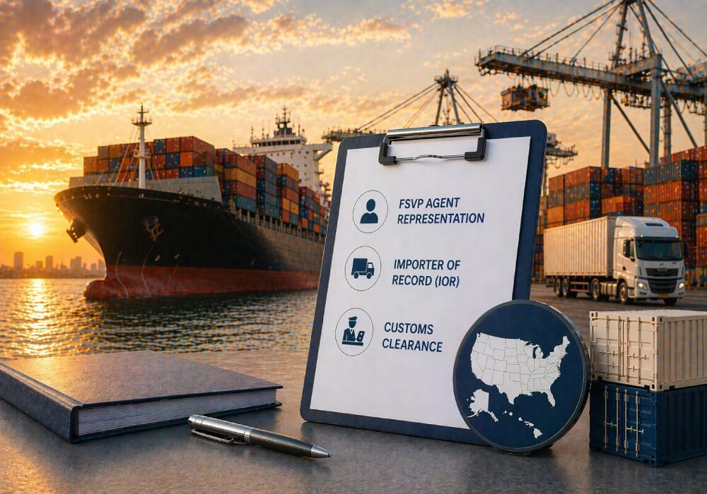 Cargo ship and import compliance documents representing  FSVP agent and Importer of Record support.
