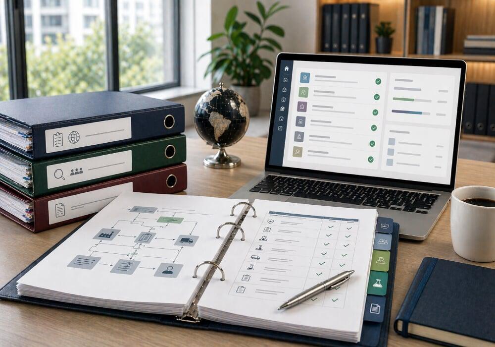 Office desk with binders, laptop and compliance checklist, representing FSVP development services.