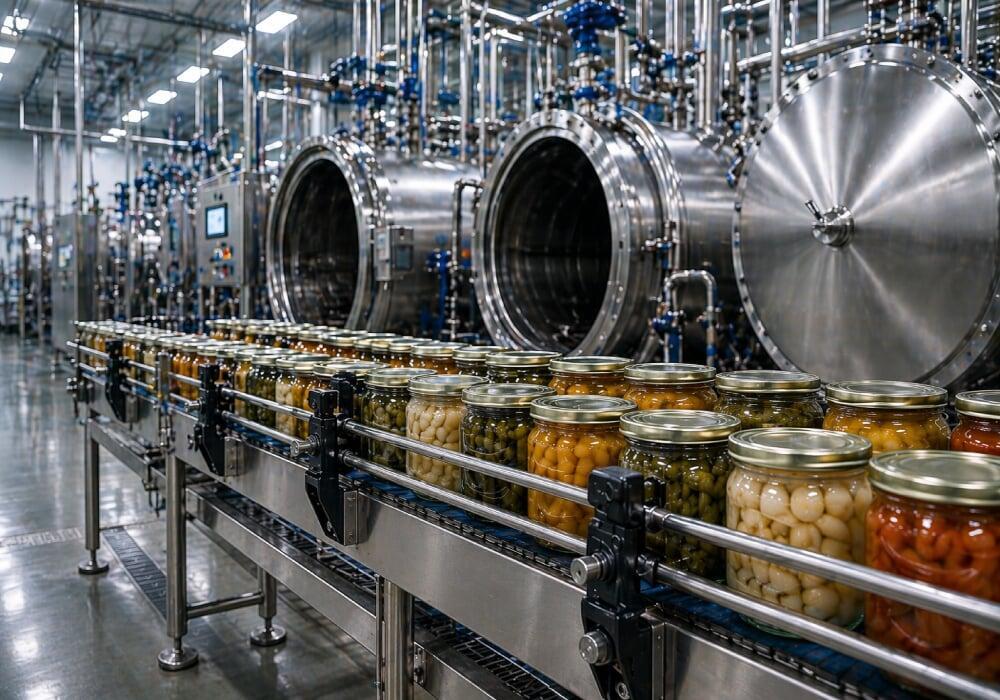 Canned food production line in a processing facility, representing low-acid canned food registration.