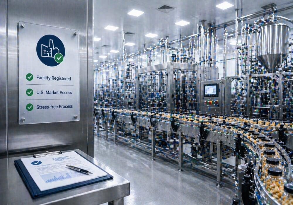 Food manufacturing facility with registration checklist, representing FDA food facility registration.
