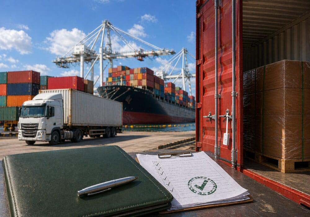 Shipping containers, truck and compliance documents at a port, representing FDA import alert removal support.
