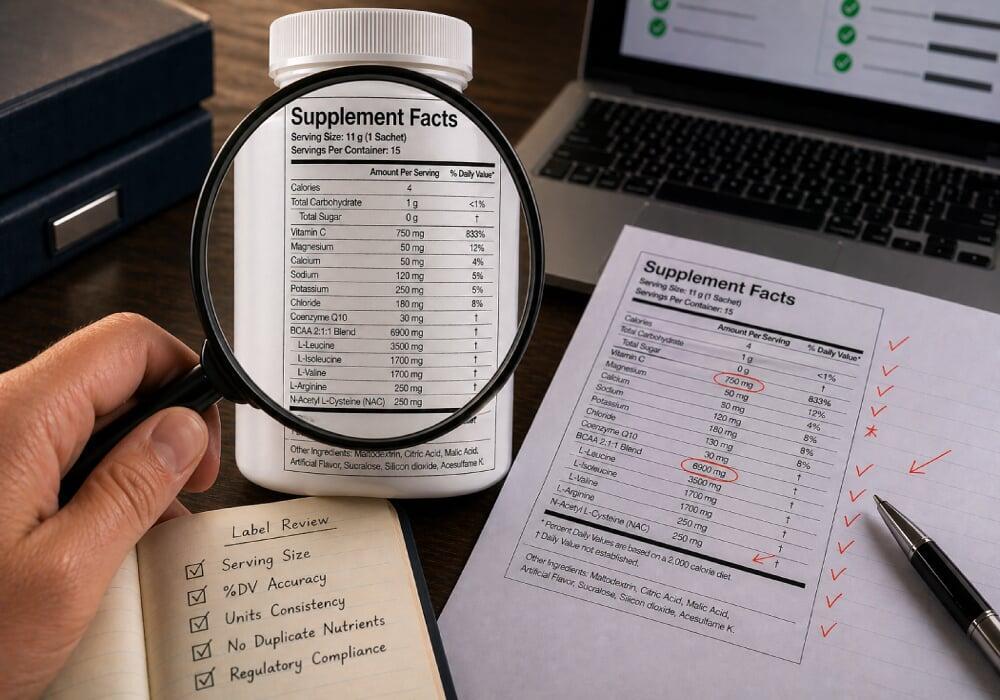 Magnifying glass over a Supplement Facts label, representing detailed supplement label review.